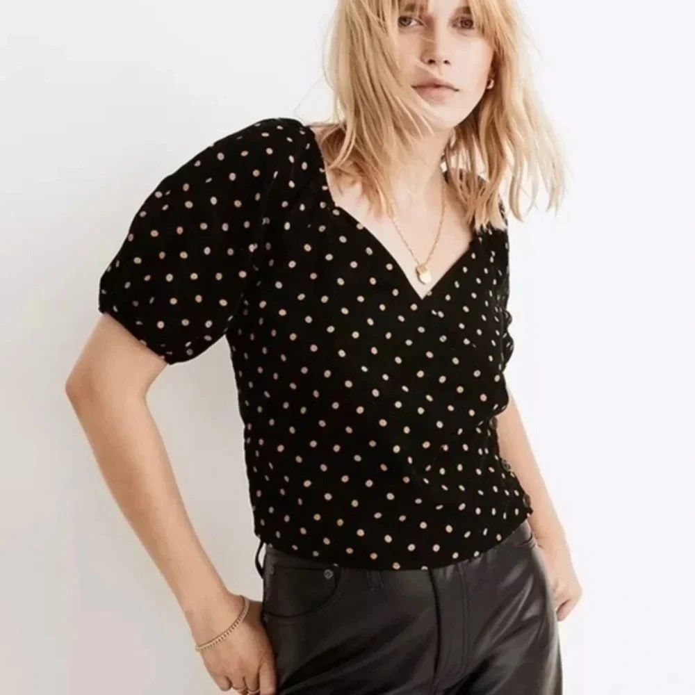 New Madewell Corduroy Puff Sleeve Wrap Top Oval Dot NC814